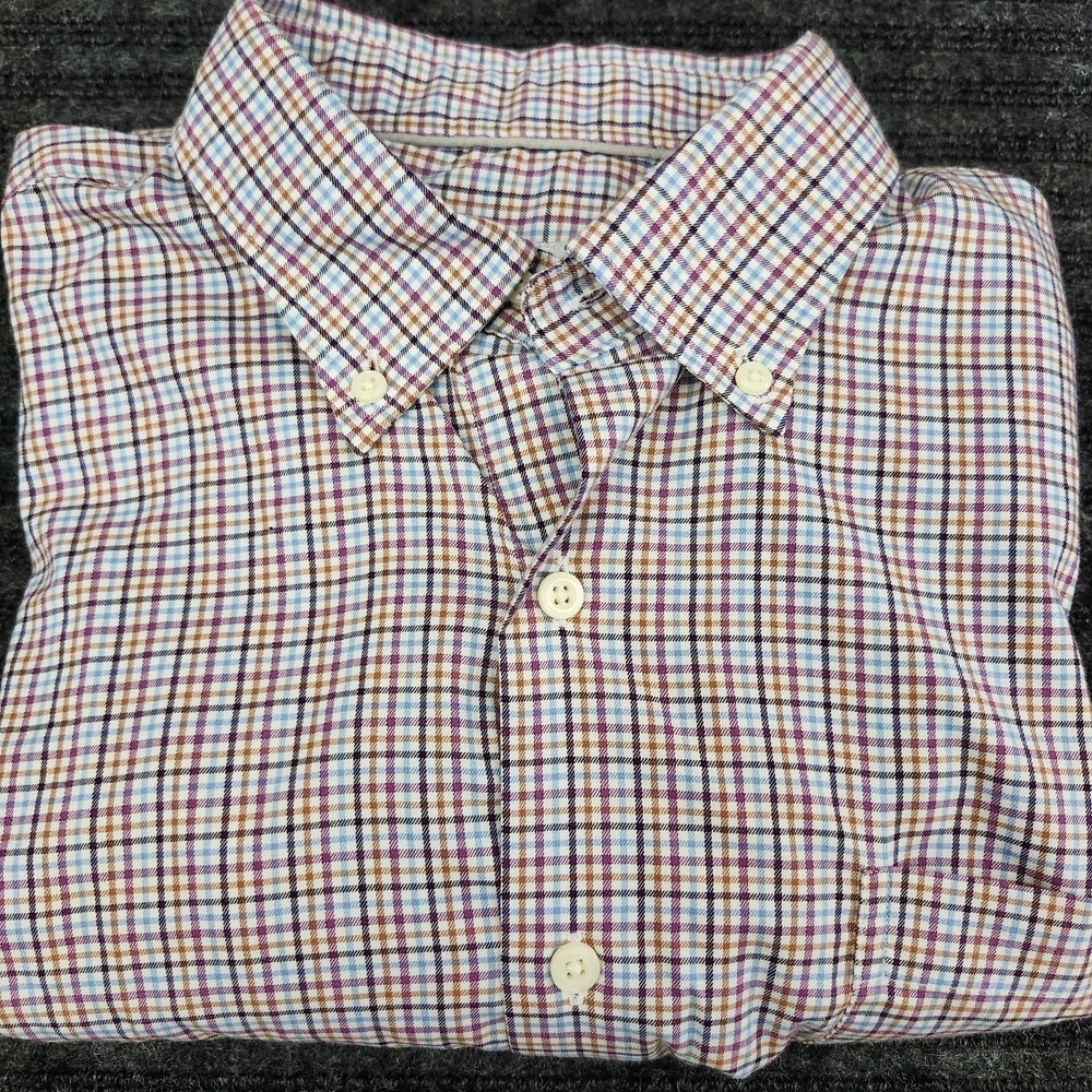 Peter Millar Shirt Adult Large Blue Brown Plaid Button Up Linen Cotton Mens - Picture 10 of 10